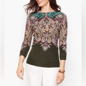 Talbots sz Small CASHMERE SWEATER Audrey Floral PAISLEY brown green crewneck
